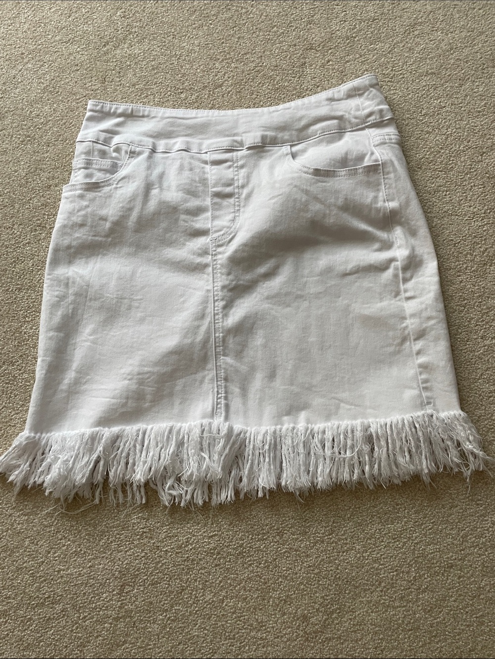 Fringe-Hem Mini Skirt in White